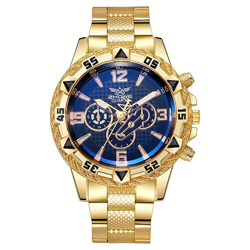 Men Quartz Wristwatch Gold Blue Light Steel Band Large Dial Watch Male Business Watch Casual Simple Stylish Boy Gifts Student