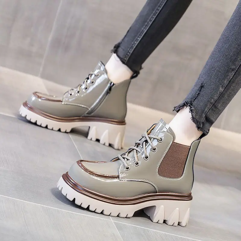 Punk Style Combat Platform Female Ankle Boots Chunky Elastic with Lace-up Booties Footwear Short Shoes for Women 2024 New