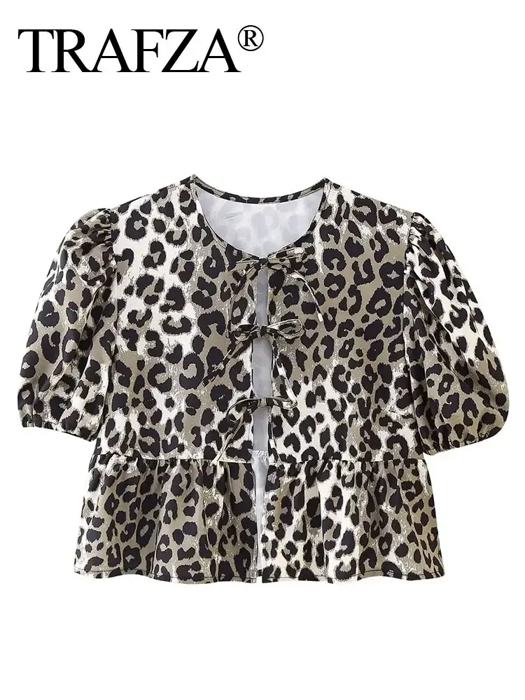 TRAFZA Women Leopard Shirts Streetwear 2024 Summer Puff Sleeve Bow Lace Up Blouse Casual O Neck Chic Hollow Out Loose Tops