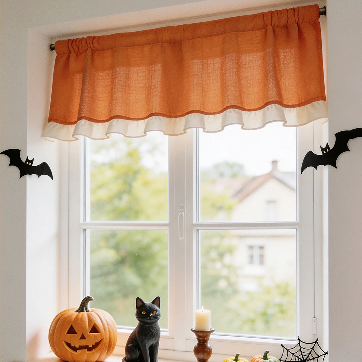1/2PCS Halloween Orange Ruffled Short Curtain Holiday Versatile, Cafe Bedroom Bay Window Kitchen Living Room Decoration