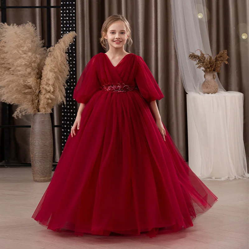 Baby Kids Princess Tulle Beading Bow Flower Girl Dress Children First Communion Dress Ball Gown Wedding Party Dress Birthday view 6
