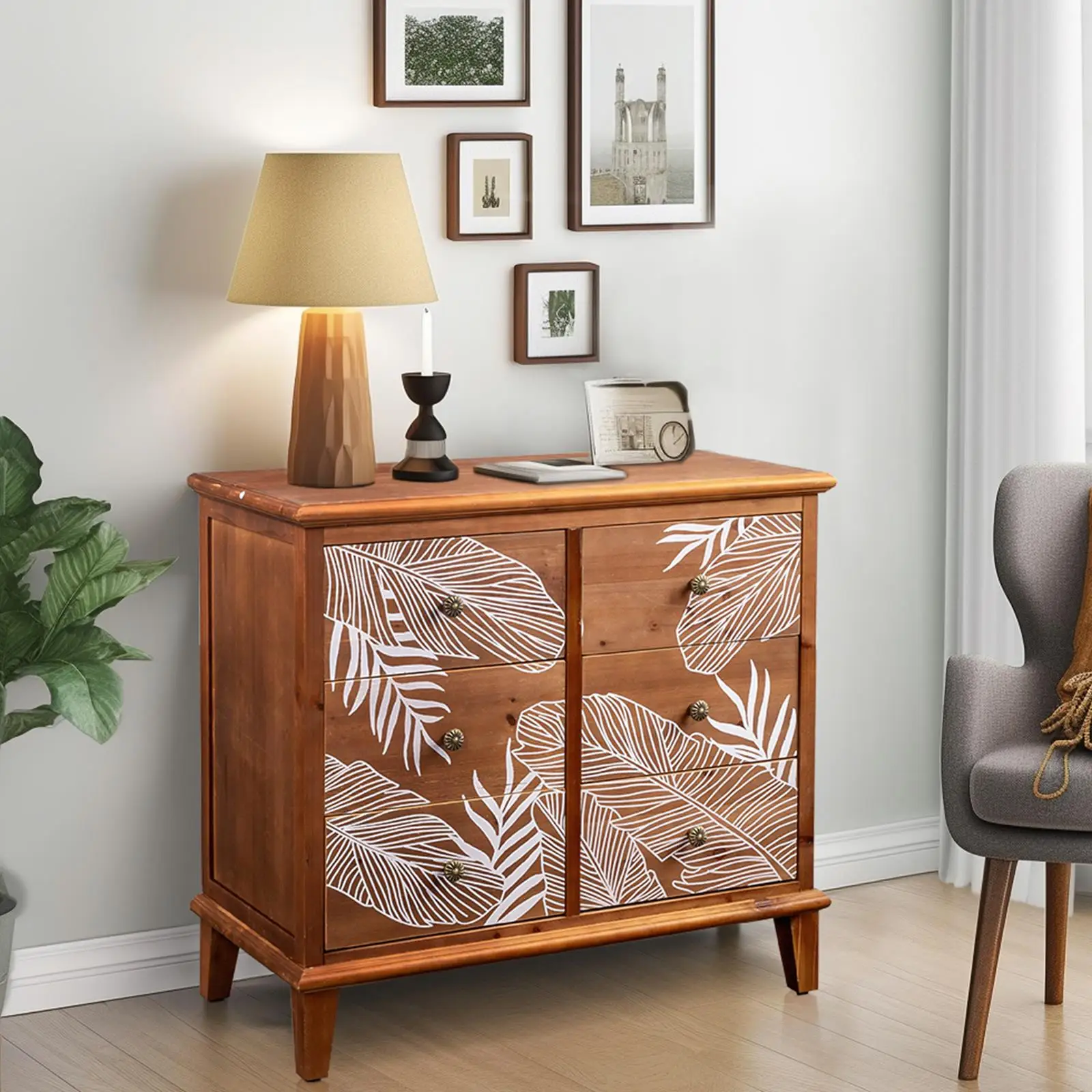 Bohemian 6-Drawer Chest with Brown Veneer & Solid Wood Frame, 80x40x73cm