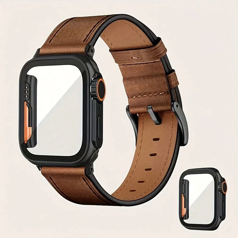 Armband + Glasgehäuse für Apple Watch Band 40 mm 44 mm 41 mm 45 mm Lederarmband für Apple Watch Serie 9 8 7 SE 6 5 4 Wechseln Sie sich Ultra