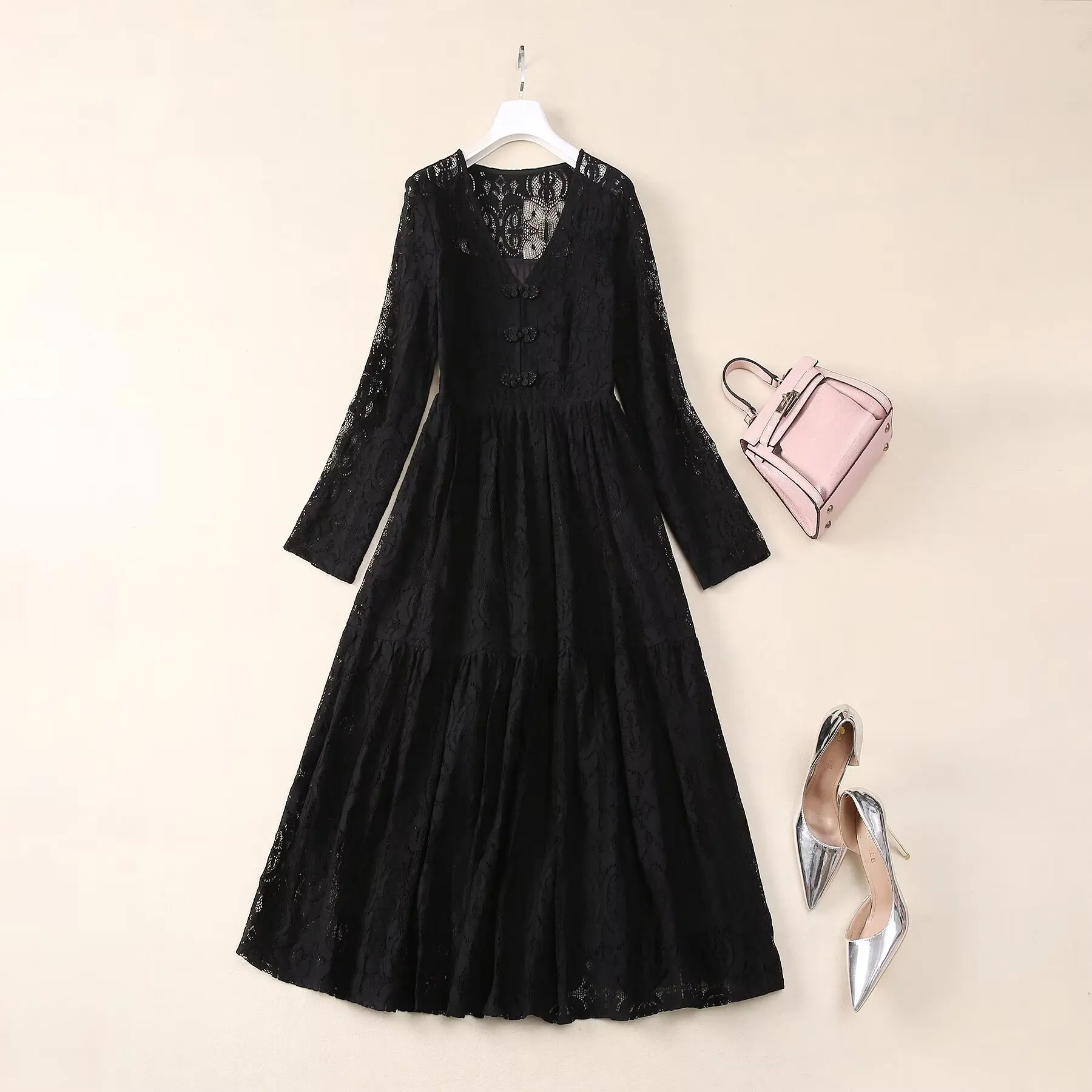 ZJYT Elegant Autumn Long Sleeve Lace Dresses for Women 2024 Fashion V Neck Hollow Out Midi Party Dress Black Vestidos Vintage