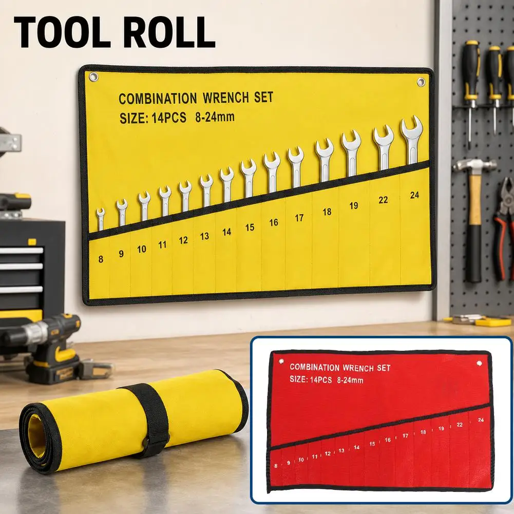 14-Pocket Tool Organizer Roll. Durable Wrench Storage Bag with Portable Handle. Perfect for Garage & Workshop Organization.
