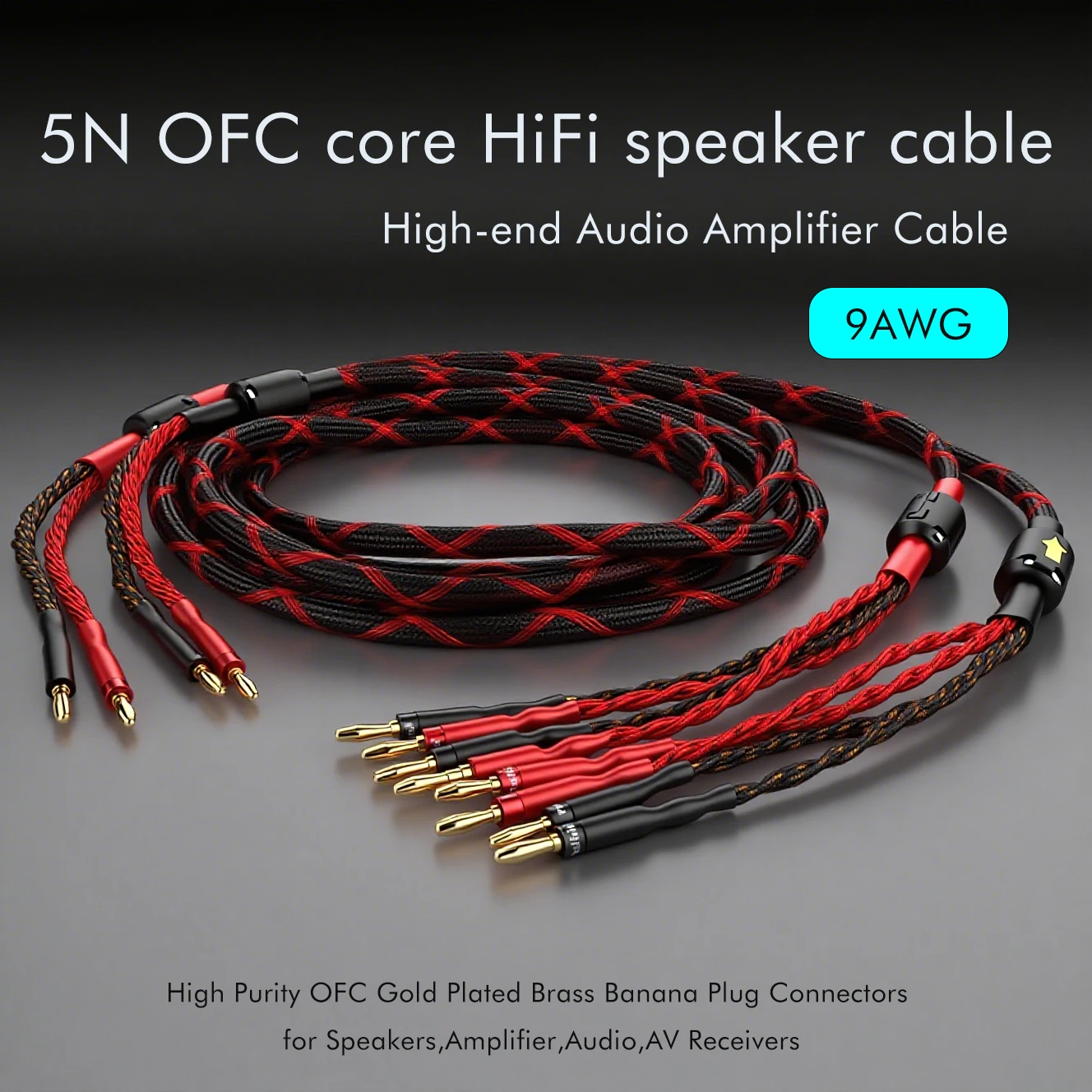 Pair 9AWG 2B to 4B Speaker Cable 2B to 2BAudiophile Cable Banana Plug Biwire LoudSpeaker Wire Audio Line  for Speakers,Amplifier