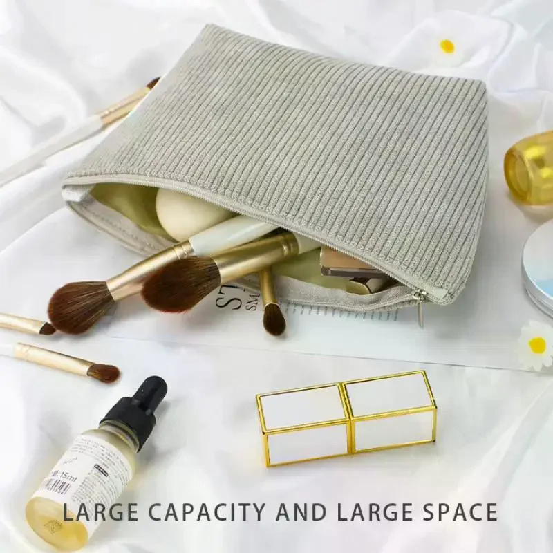 Compact Corduroy Toiletry and Cosmetic Pouch with Sanitary Pad Slot for Travel