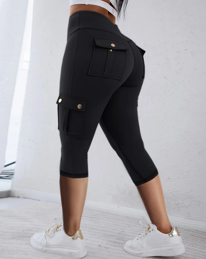 

Casual Sports Style Women's Pants 2024 Summer New Multi Color Women's Casual Pocket Design High Waisted Cropped Sports Pants