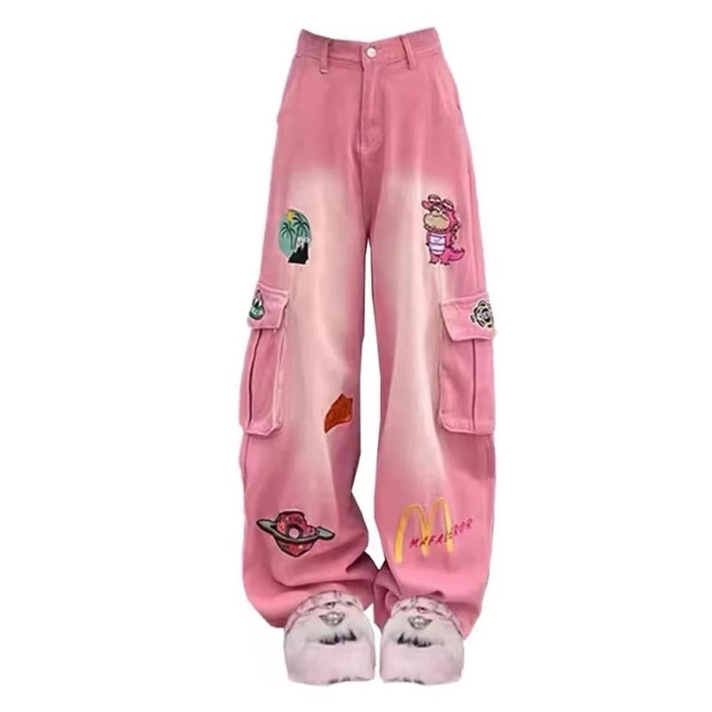 

Pink Jeans Contrasting Colors High Street Casual Streetwear Europe and America Wide Leg Pants For Women Hip-hop Baggy Trousers