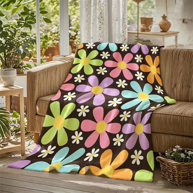 Retro Flowers Brown Flannel Blanket Perfect for Sofa Office Bed Travel Sleep Read Relax Camping Four Season Use
