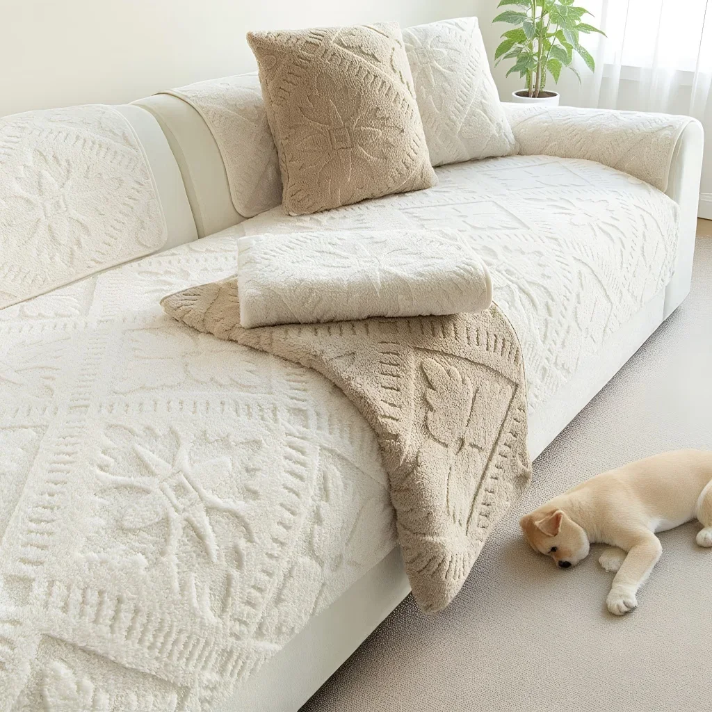 French Cream Style Sofa Cover Fabric New High-end Feeling Fixed Anti Slip Straight Row Sofa Cushion Cover for Autumn and Winter