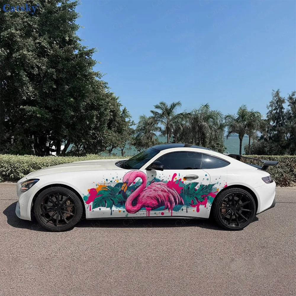 2 Adesivos de Carro com Padrão de Flamingo Grafite, Decoração Floral para Carro, Proteção contra Arranhões, Adesivos de Vinil Impermeáveis para Carro