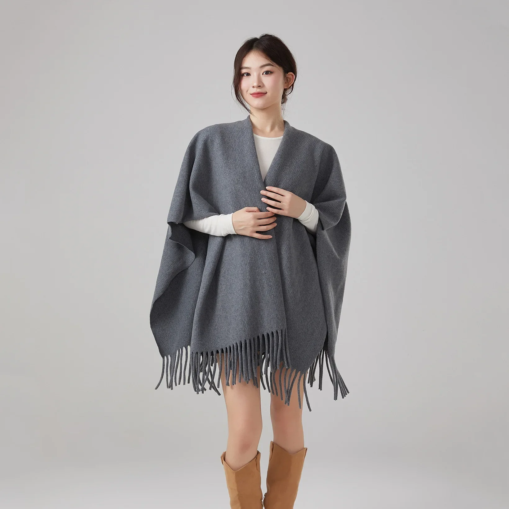 알파카 울 같은 태슬 양면 랩 스커트 여성용 가을/겨울 패션 럭셔리 여행용 따뜻한 외투 케이프 코트