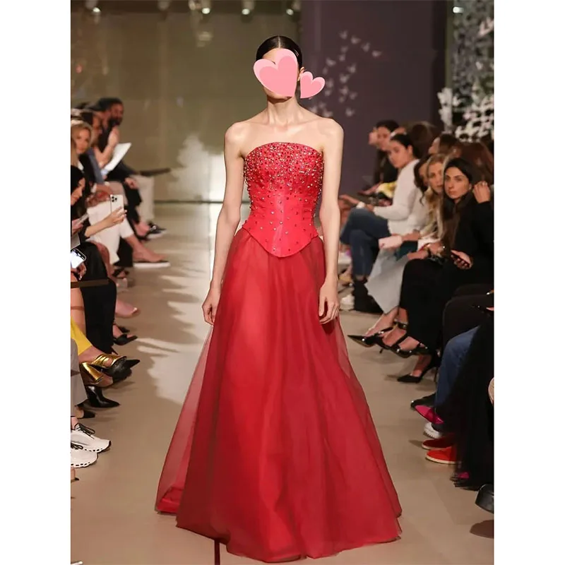 Sexy Red Backless Women Formal Evening Dresses Strapless Crystal Beading Wedding Guest Prom Gowns for Birthday Party Dress 2024