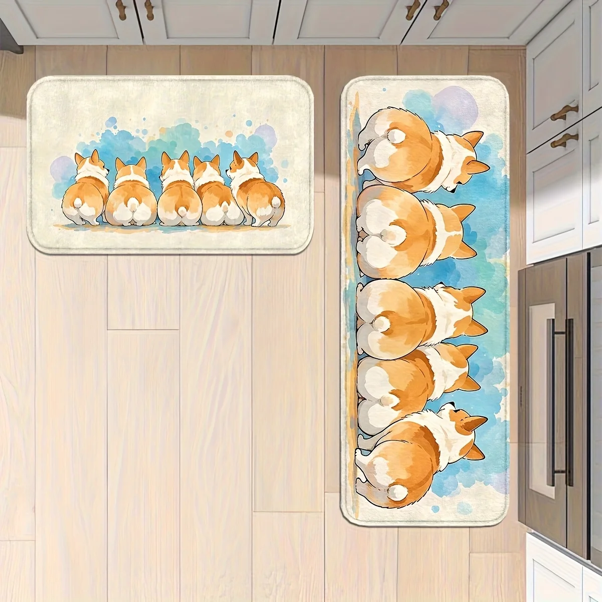VIKAMA Watercolor Corgi Bottom Cartoon Kitchen Floor MATS, Anti-Slip Absorbent Foot MATS, Corridor Carpets, Home Decoration Rug