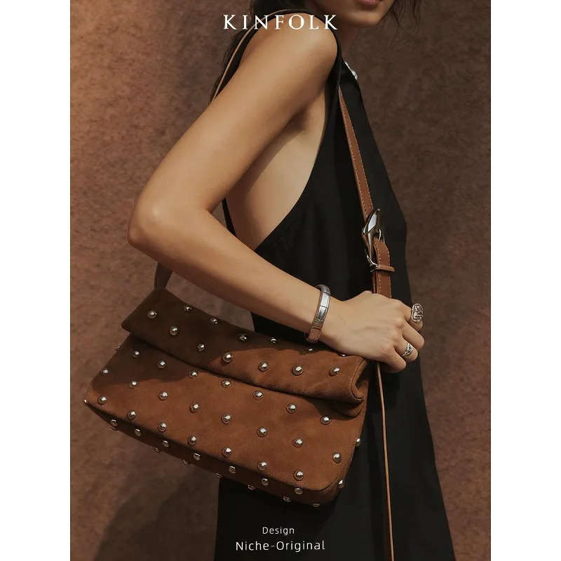 

New High End Quality Suede Rivet Decoration Handbag Designer Luxury Shoulder Bag Women Moto Styling Vintage Casual Female Bags