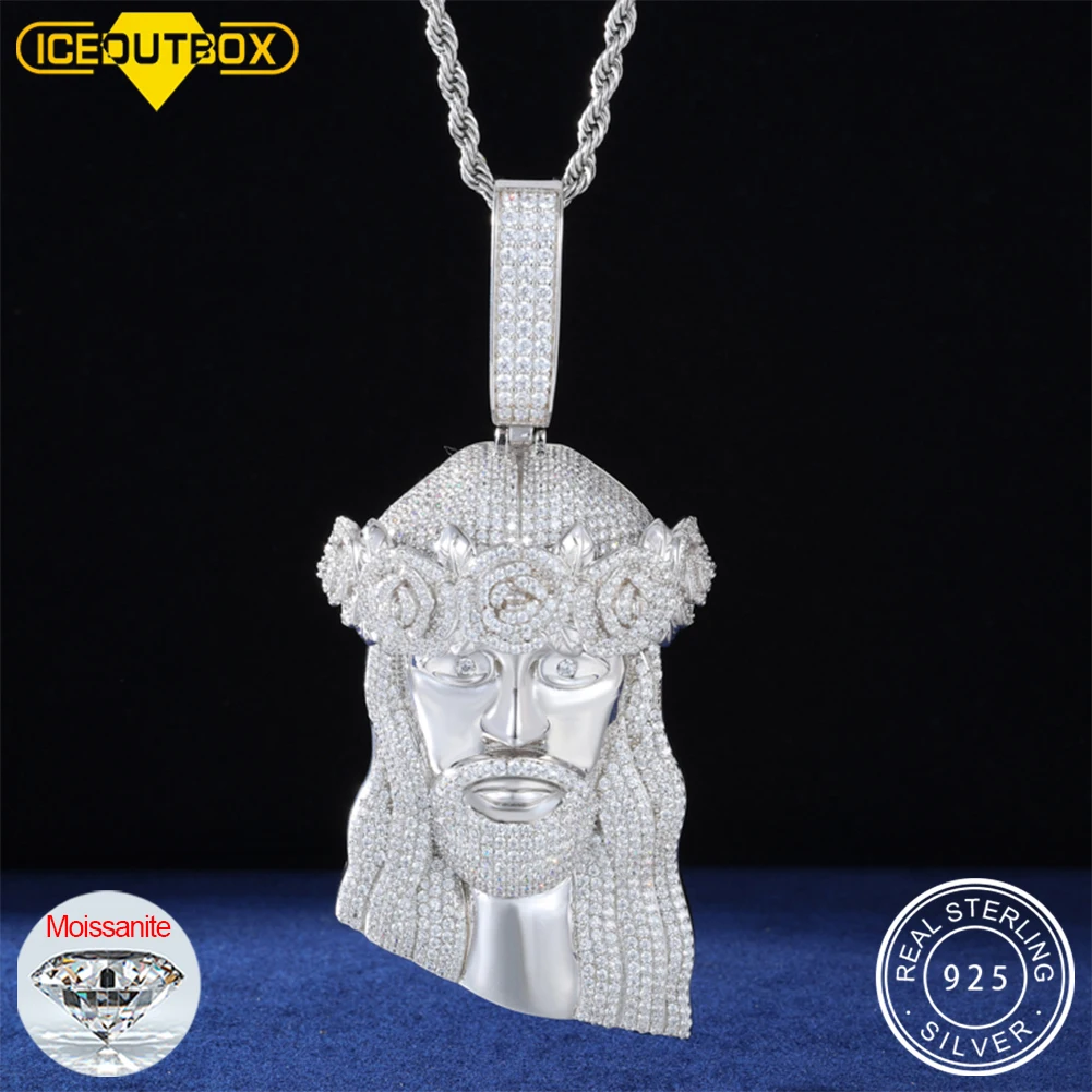 Iced Out VVS Moissanite Jesus Head Pendant Necklace for Men and Women 925 Sterling Silver Hip Hop Christian Jesus Facial Jewelry