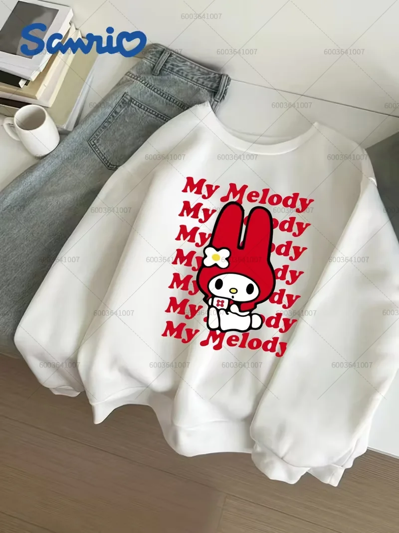 ‌ เสื้อฮู้ดมายเมโลดี้ ซานริโอ้ ผ้าฟลีซ ผู้หญิง/เด็กผู้หญิง ผ้าฝ้าย สไตล์ลำลอง สำหรับฤดูใบไม้ร่วงและฤดูหนาว ลายปอมปอมปุริน คอกลม เสื้อคลุมมีฮู้ด