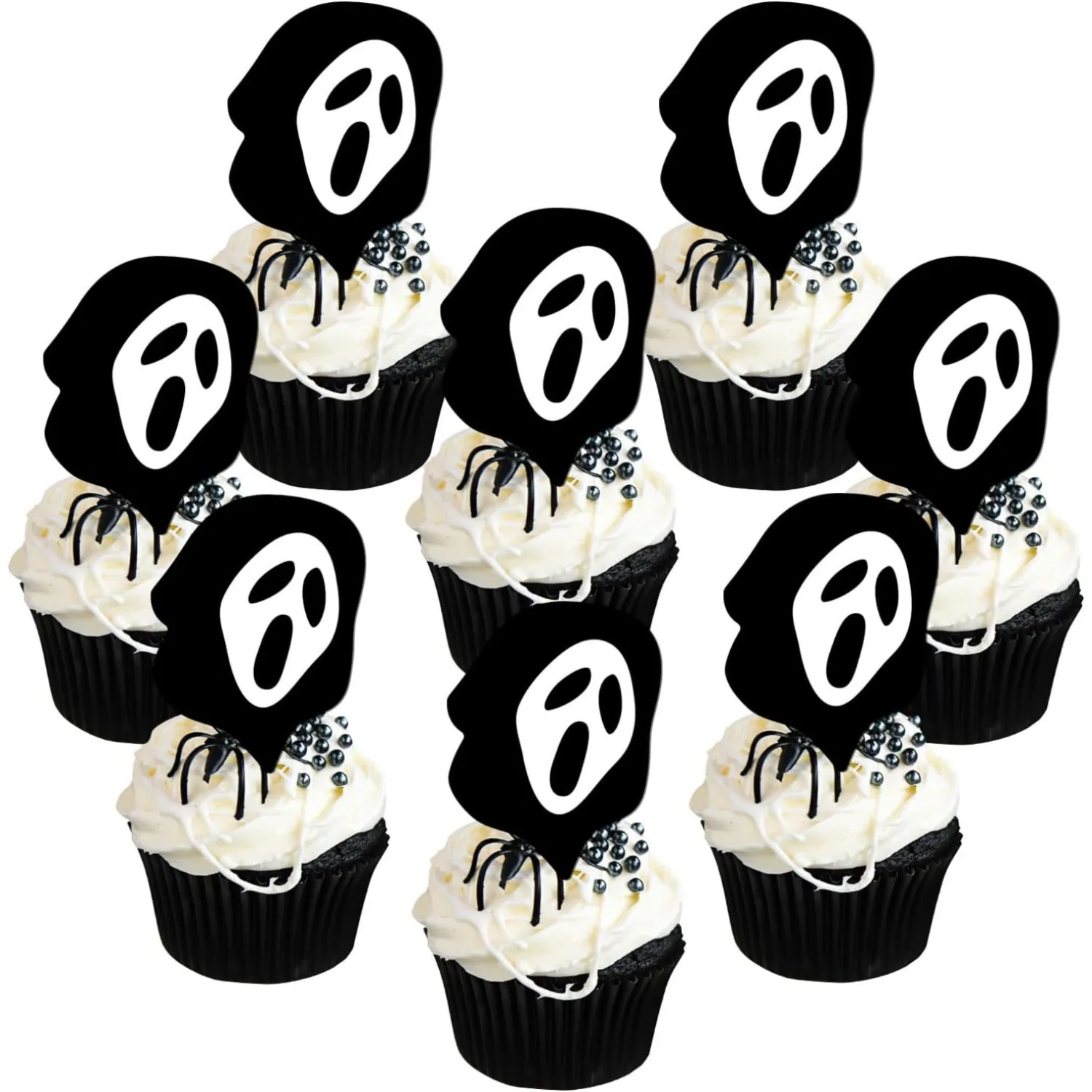 Funmemoir 24Pcs Halloween Horror Movie Cupcake Toppers Black Print Cupcake Toppers Cake Decorations for Party Decor Supplies