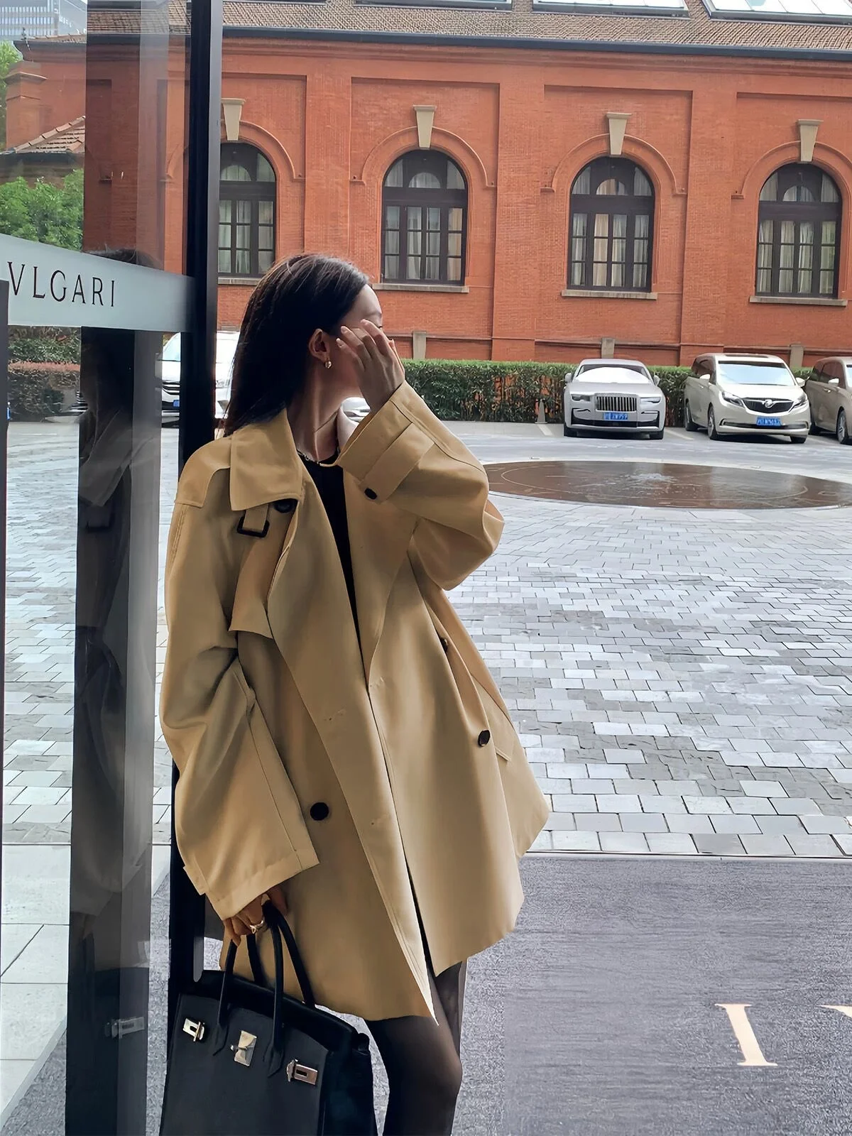 

Classic Loose Casual Women's Windbreaker Double Breasted Flip Collar Long Sleeve mid Length Outerwear British Style Fashion