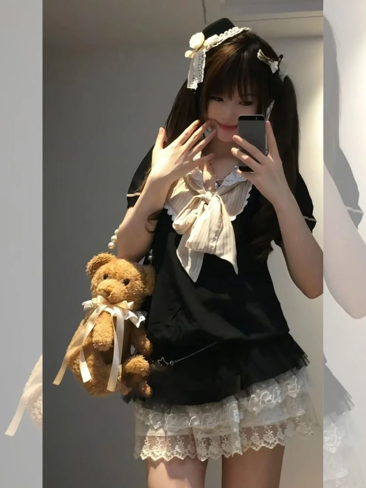 Harajuku 90s Aesthetic ชุดเซ็กซี่หญิงใหม่หวาน Y2k Slim Gothic ชุดผู้หญิง Punk ปลอม 2 ชิ้นชุดวินเทจแขนสั้น