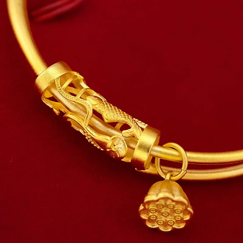 

9999 Real Gold 24K Women's, Guochao Antique Lotus Bracelet, Lotus Fish Tube Ancient Push-pull Bracelet