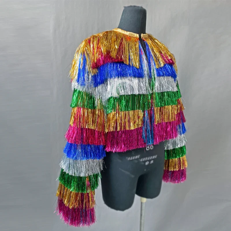 Festival Outfit Rainbow Fringe Coat Stage Costume Sexy body Nightclub Gogo Dancer Stage Wear Drag Queen Clothes