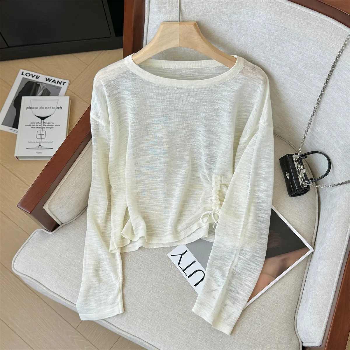 Damen Sexy Transparentes Crop-Top mit Kordelzug und Langen Ärmeln, Sonnenschutz-Überwurf, Trendige Casual Bluse in Petite-Größen – Detail 13