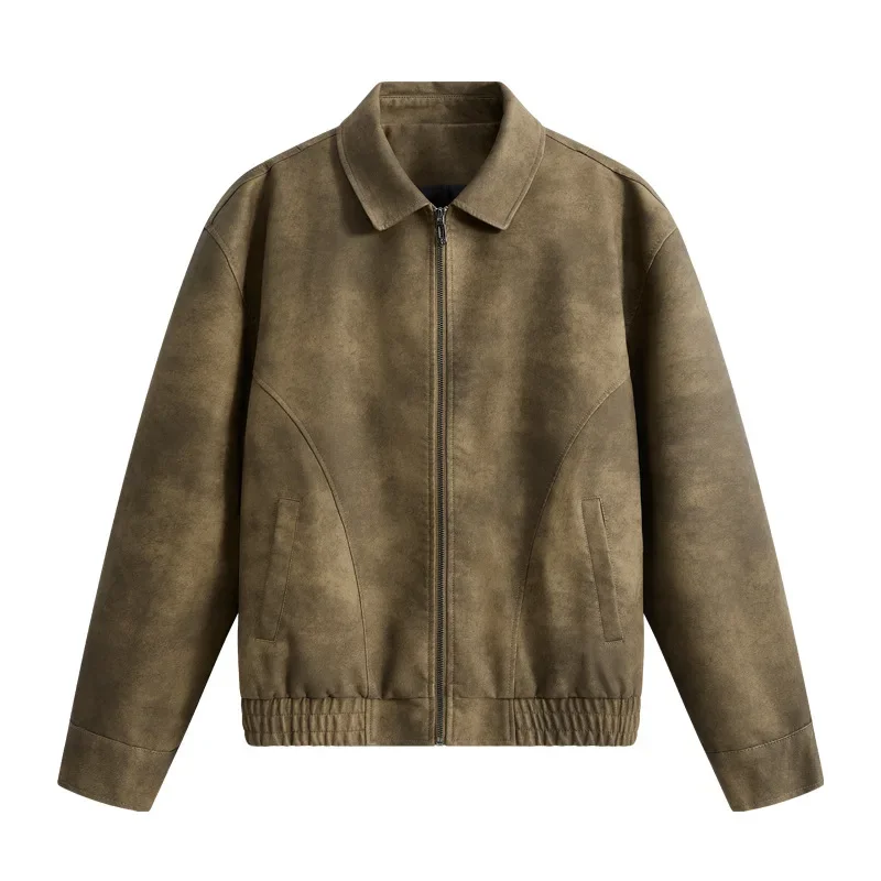 2025 Korean Style Autumn Winter Fashion Men's Turn-down Collar Long Sleeve Casual Trendy Loose Solid Color Faux Leather Coats