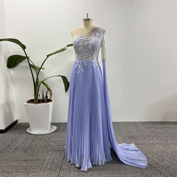 Customized One-Shoulder Formal Evening Dresses Glitter Sequined Lace Appliques Long Prom Dress Modern Pleat Sweep Train Chiffon