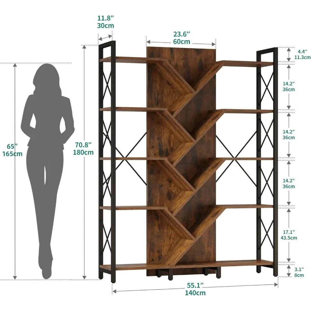 Industriële Boomboekenplank En Grote 5-Tier Boekenkast, 70.8 "H Hoge Staande Boekenplanken Organizer Display Rack