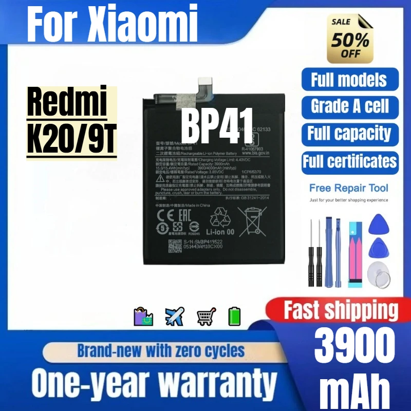 

BP41 for Xiaomi Redmi K20/9T Mobile Phone Battery 0 Cycle High Quality High Capacity Replacement Bateria Grade A Cell with Tools