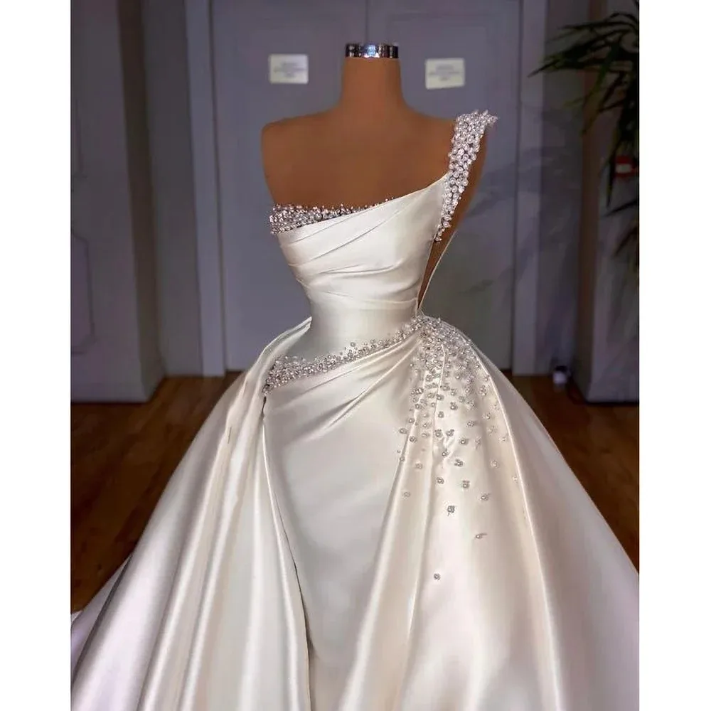 Satin Pearls Wedding Dresses for Bride 2024 Luxury Mermaid One Shoulder Bead with Detachable Skirt Africa Bridal Gowns customize