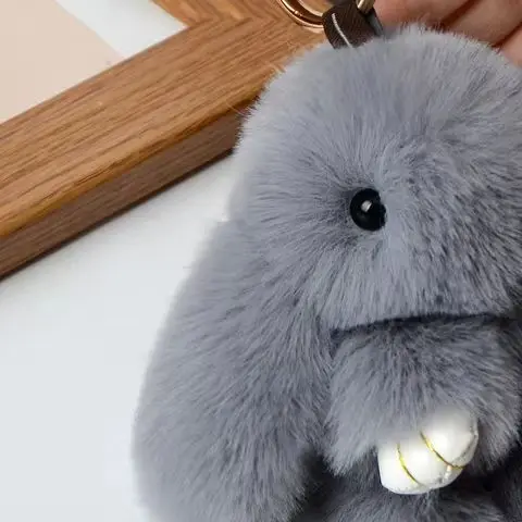 1PC 15CM Cartoon Rabbit Keychain Ring Fluffy Real Fur Pompon