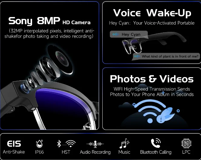 

Smart AI Translation Glasses Ultra Light 8MP Camera Video Record Bluetooth Call Music Sports Fitness Headphone
