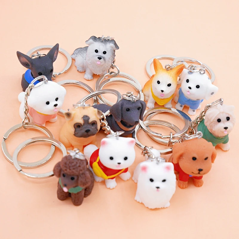 Lovely Mini Resin Dog Miniature Figurines Terrarium Crafts Realistic Animals Puppy progeny Pendant Keychains Keyring Key Chain