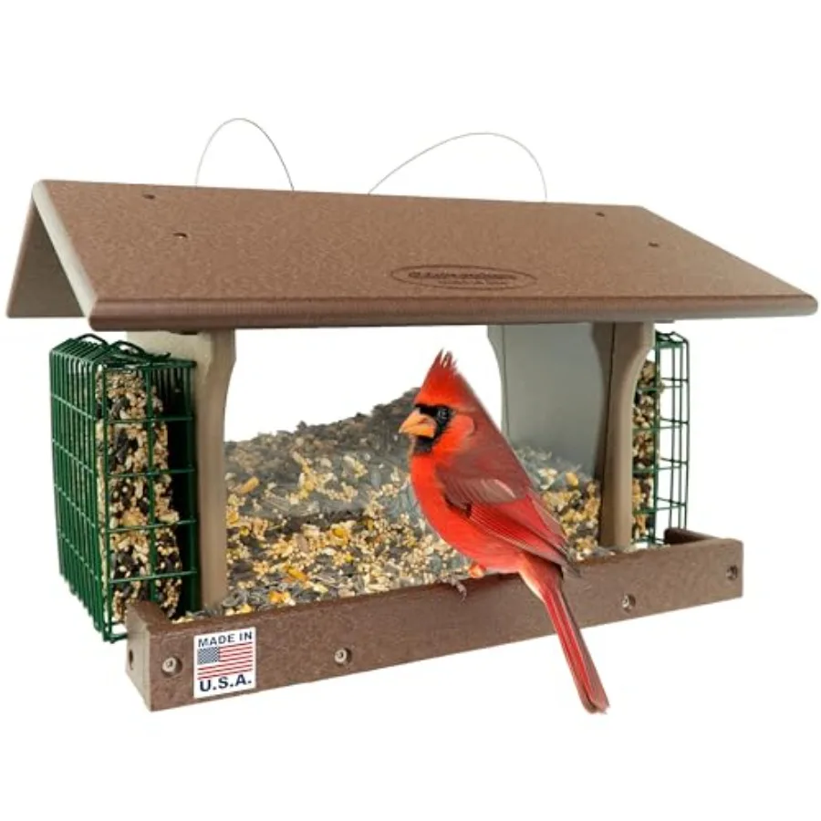 

Poly Hanging Large Hopper Bird Feeder with Two Suet Cake Holder Cages Durable Long Lasting Outdoor Bird Feeder - Tudor Brown We
