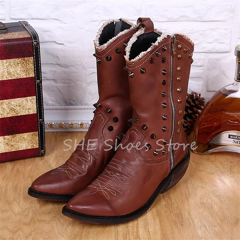 British Style Pointed Toe Wedges Boots for Men Punk Rivet Sewing Western Cowboys Boots Male Dress Leather Shoes Size 37-47