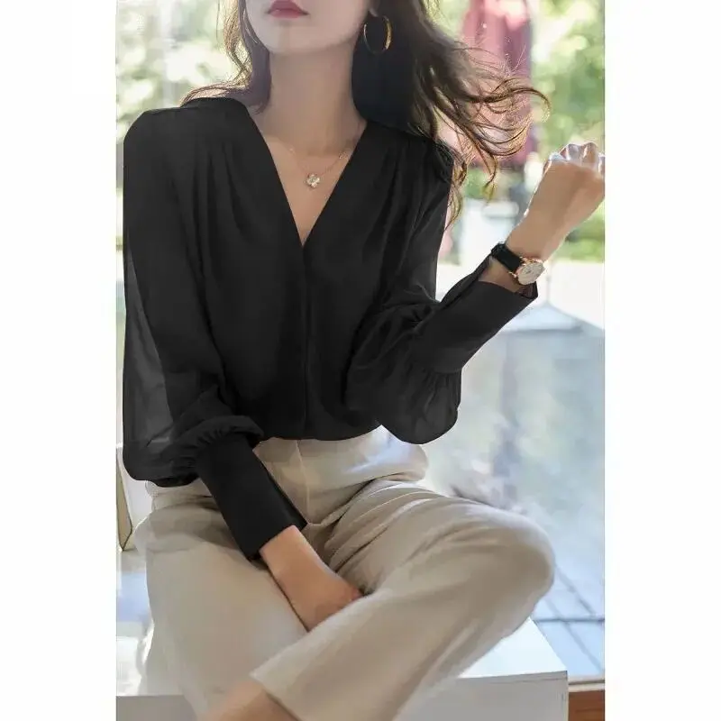 Spring Autumn Solid Color Elegant Fashion Shirt Women Long Sleeve French Ruffled V-neck Chiffon Blouses Female Office Lady Tops