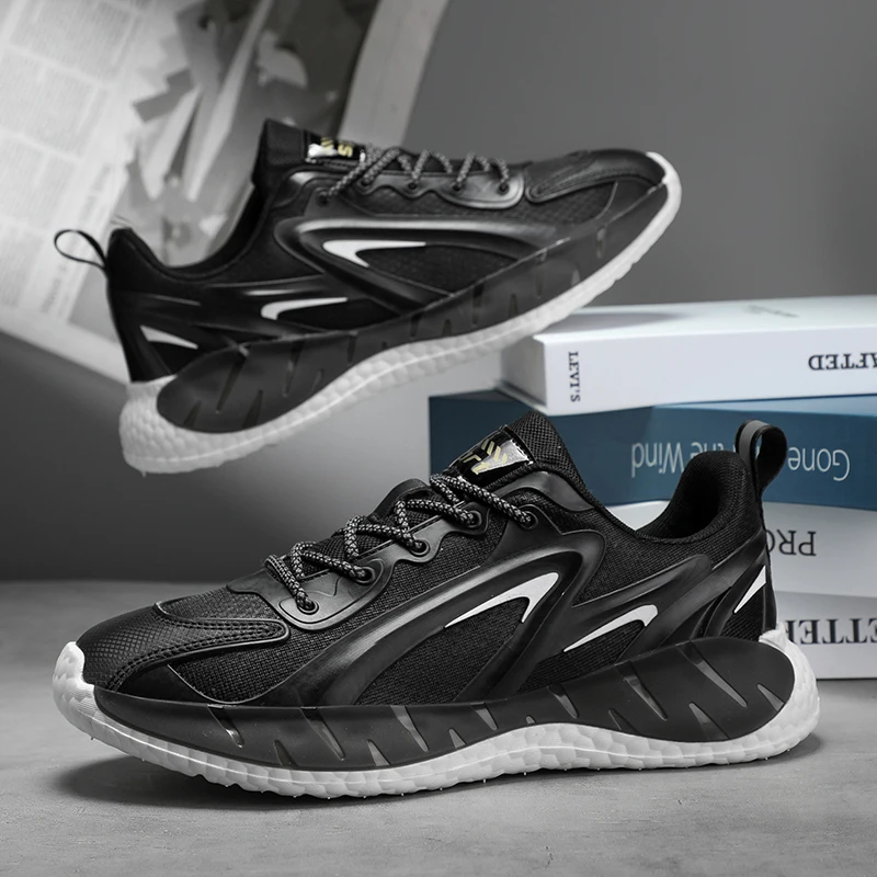 

Дышащие и удобные мужские кроссовки для повседневного использования и модные большие размеры на шнуровке с круглым носком и летящей сетчатой поверхностью