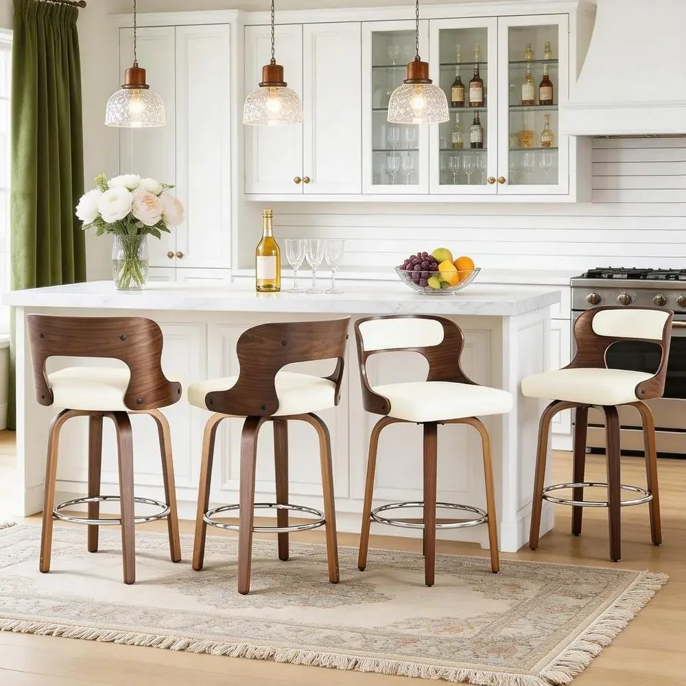 

Набор из 4 белых барных стульев из искусственной кожи высотой 26 дюймов с спинкой и подставкой для ног для кухни, бара, ресторана