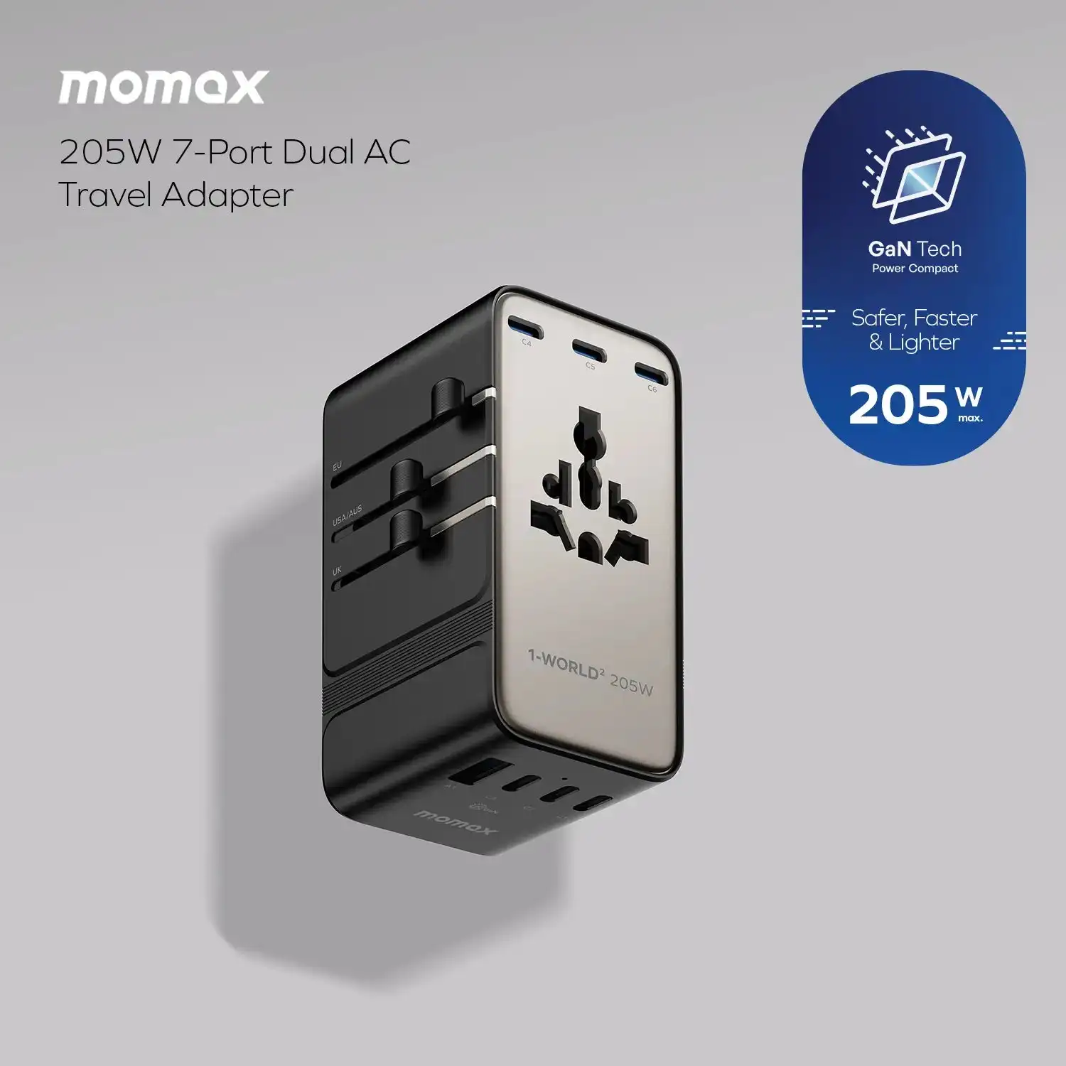 MOMAX 1-World2 205W 7-Port Dual AC محول السفر GaN شاحن قابس السفر الدولي للمسافرين العالميين أجهزة الكمبيوتر المحمولة اللوحية