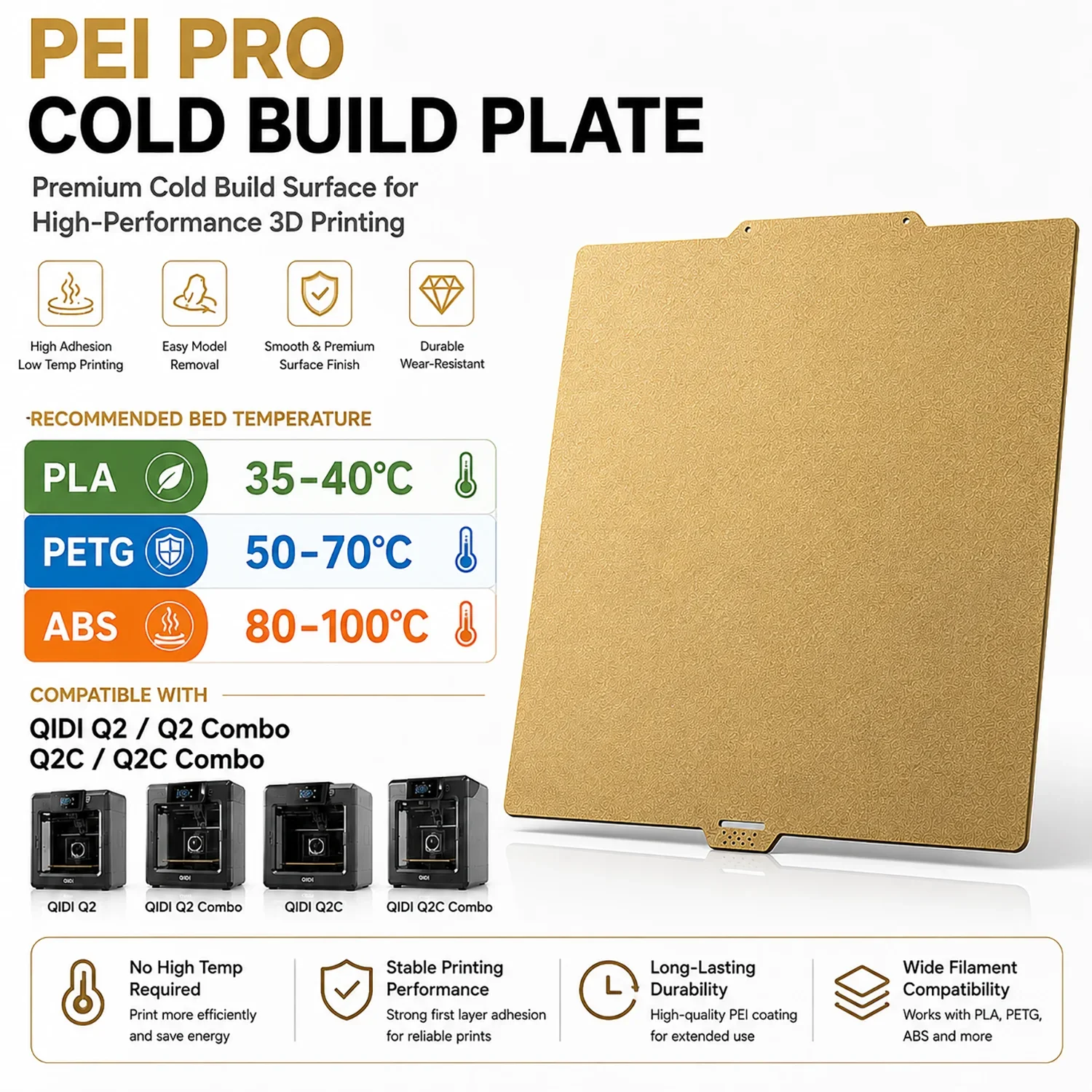 PEI PRO Cold Build Plate For QIDI Q2 Q2 Combo Q2C Q2C Combo 280x280mm Ultra Strong Adhesion Double-Sided PEI Cool Plate ABS 3D