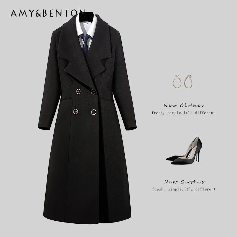 

Fashion Polo Collar Suit Professional Wool Coat Women Mid-Length Winter OL Slim-Fit Coats for Women Double Breasted Work Clothes