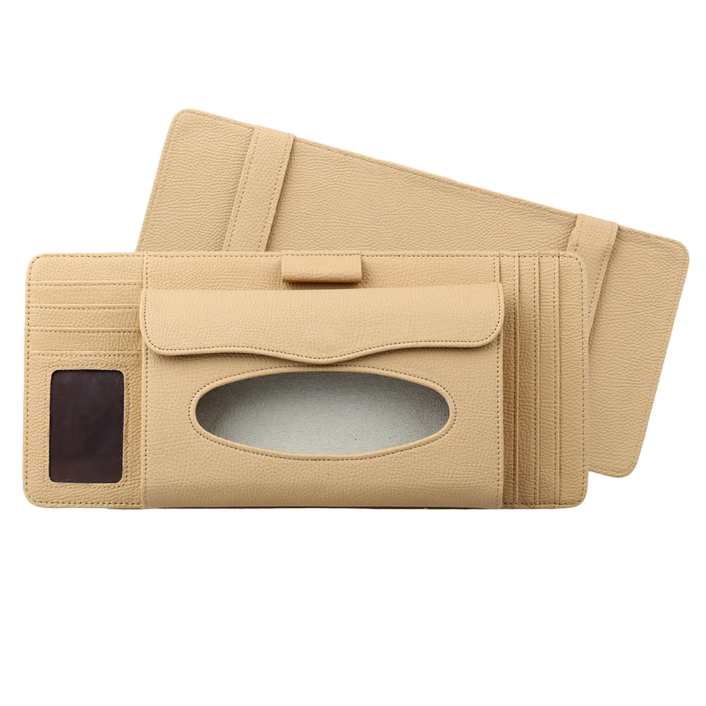 

Car Tissue Box Sun Visor Storage Organizer Premium Material Beige Multi Functional Napkin Holder Vehicle Pen CD Accessories Safe