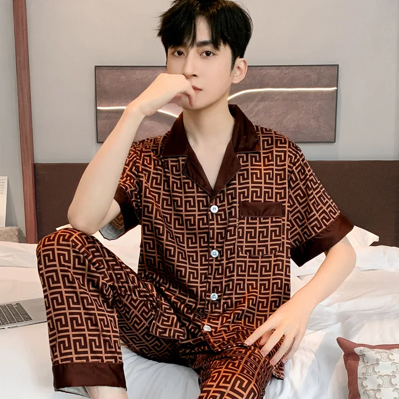 Satin Pajamas Set Men Spring Autumn Ice Silk Thin Short Sleeved Long Pants Summer Two Piece Sleepwear Set Home Cloths Male Boy