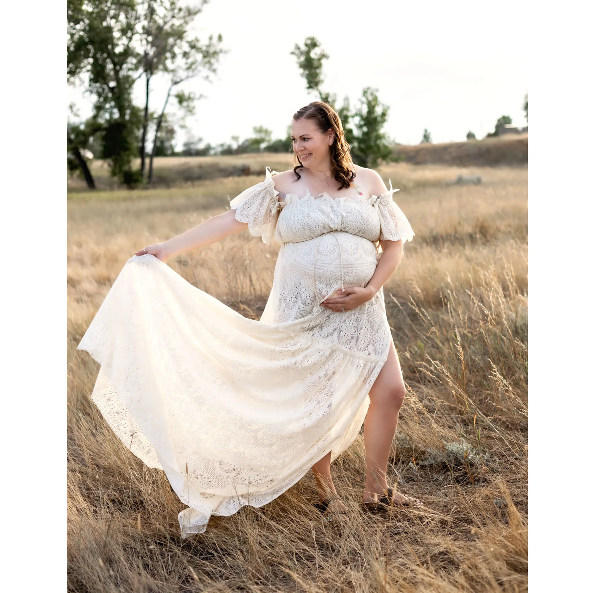 Don&Judy Boho Lace Two Piece Set Maternity Photoshoot Dress Off-shoulder Side Split Pregnant Women Party Gown Photography Outfit