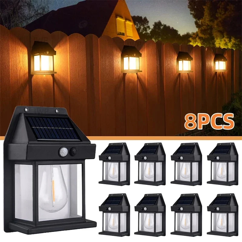 

Solar Wall Lights Outdoor Tungsten Waterproof Wireless Motion Sensor Security Lamps Dusk to Dawn Lighting for Garden 1~8PCS