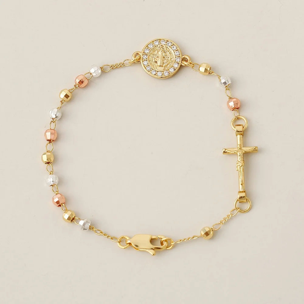 New Religious Copper Rosary Bead Cross Bracelet For Women Cubic Zircon Virgin Mary San Benito Pulsera Wholesale Jewelry