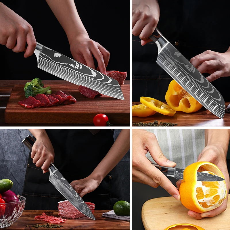 Professional Kitchen Knives Stainless Steel 7CR17 440C Laser Damascus Japanese Santoku Cleaver Slicing Utility Chef Knife Set